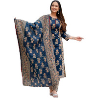 GoSriKi Women's Rayon Blend Straight Printed Kurta with Pant & Dupatta (ALAYA NAVY BLUE-GS_L_Navy Blue_Large)