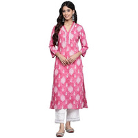 Varanga Women Pink V-Neck Collared Kurta with 3/4th Sleeves, White Prints & Lace Detailing Around Neck (Extra Large)