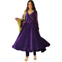 SheWill Women's Purple Silk Blend Embroidered Flared Kurta Set with Trousers & Digital Organza Dupatta