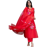 ANNI DESIGNER Women's Chanderi Cotton Straight Printed Kurta with Pant & Dupatta (Guni Red_M_Red_Medium)
