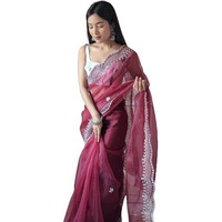 Flosive Women's Attractive Colour Organza Saree Handwork With Blouse (MAROON)