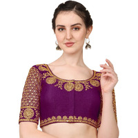Vihu Fashion Women's Silk Floral Half Sleeve Blouse (Mayur pankh_Violet_38)