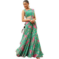 Janasya Women's Green Georgette Floral Printed Ready To Wear Sharara Saree (JAB24SR00582-A-XL)