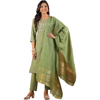 Janasya Women's Sage Green Silk Blend Embroidered Straight Kurta Set (JAB24ST00681-XXL)