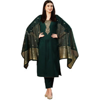 GoSriKi Women's Cotton Blend Straight Embroidered Kurta with Pant & Dupatta (Kanimoj Green-GS_L_Green_Large)