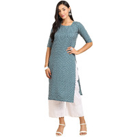 Pinkmint Women's Crepe Turqouise Color Floral Printed Straight Kurti (RI-530351-XXL)