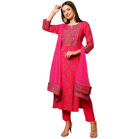 GoSriKi Women's Cotton Blend Printed Straight Kurta with Pant & Dupatta (NOV-Pink-Nw-GS_3XL_Pink_XXX-Large)
