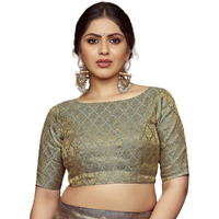 Vardha Women's Art Silk Readymade Blouse for Women Silk Saree Sleeveless Blouse Butti Designs| Boat Neck Grey Blouse
