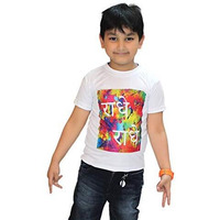 Kaku Fancy Dresses Printed White Holi T-Shirt Costume for Boys & Girls (Radhe_14-17 Years)
