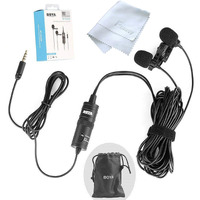 Boya BY-M1DM Dual-Head Lavalier Auxiliary Microphone Lapel Clip-On Microphone, Omnidirectional Electret Condenser Mic, TRRS 3.5 Mm Jack, EXTREME-LonG Cable, For SmartPhones, DSLR, Camcorders Black