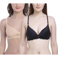 FIMS - Fashion is my style Women s Cotton & Elastane Lightly Padded Non-Wired T-Shirt Bra BlackBeige