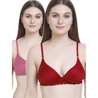 FIMS - Fashion is my style Women Padded Lace Cotton Non Wired Full Coverage T-Shirt Bra Shaper Bra Push up Bra Teenage Bra Regular Use Bra Comfortable Bra RED-Pink-Size 32