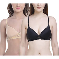 FIMS - Fashion is my style Women Padded Lace Cotton Non Wired Full Coverage T-Shirt Bra Shaper Bra Push up Teenage Bra Regular Use Bra Comfortable Bra Black Beige-Size 36