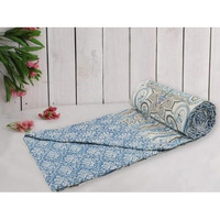 Trance Home Linen 100% Cotton Reversible Dohar Double Bed Size | Jaipuri Printed Artisan Block Design Blanket | Soft Lightweight Ac Comforter Quilt (84 X88 , Nargis Blue), 200 TC