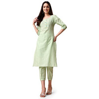 EthnicJunction Cotton Blend Women s Woven Striped Work Straight Kurta With Pant (Bt5-Rangsari-Light Green_Large)