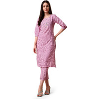 EthnicJunction Cotton Blend Women s Woven Striped Work Straight Kurta With Pant (Bt5-Rangsari-Pink_Large)