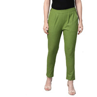 Yash Gallery Women s Solid Cotton Slub Regular Fit Ankle Length Trouser Pant (Green, S) | Rise Style: Mid Rise