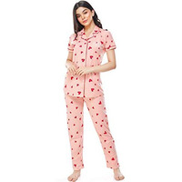 ZEYO Women s Cotton Heart Printed Pink Night Suit Set Of Shirt & Pajama Set 5250