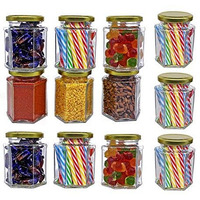 Crystalware Hexagon Glass Jar With Air Tight Metal Cap, 250 Ml (Set Of 12)