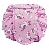 Crownish Women's Polyester Convenient And Waterproof Multifunction Portable Lazy Travel Cosmetic Storage Makeup Organizer Toiletry Bag With Drawstrings (Pink Horse)