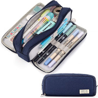Finemoe Canvas Large Capacity Pencil Box For Girls & Boys, 3 Compartments Pen & Pencil Pouches, Aesthetic Stationery Pouch For School Kids College Students, Cute Stationary Gift For Children (Blue)