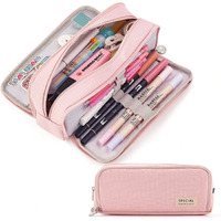 Finemoe Canvas Large Capacity Pencil Box For Girls & Boys, 3 Compartments Pen & Pencil Pouches, Aesthetic Stationery Pouch For School Kids College Students, Cute Stationary Gift For Children (Pink)