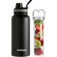 Instacuppa Thermosteel Steel Fruit Infuser Water Bottle 1 Litre, Tritan Infusion Unit, Detox Infused Recipe Ebook, 2 Lids (Black)
