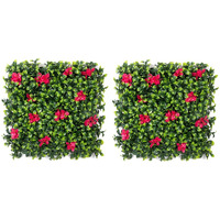 Golden Cart Plastic Artificial Wall Grass For Home Decoration (2 Pcs) I Grass Mat For Wall I Vertical Garden Artificial Plants (Lemon Green With Large Red Flowers, 50Cm X 50Cm X 5Cm, Pack Of 2)