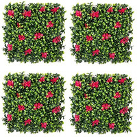 Golden Cart Plastic Artificial Wall Grass For Home Decoration (4 Pcs) I Grass Mat For Wall I Vertical Garden Artificial Plants (Lemon Green With Large Red Flowers, 50Cm X 50Cm X 5Cm, Pack Of 4)