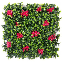 Golden Cart Plastic Artificial Wall Grass For Home Decoration (10 Pcs) I Grass Mat For Wall I Vertical Garden Artificial Plants(Lemon Green With Large Red Flowers, 50Cm X 50Cm X 5Cm, Pack Of 10)