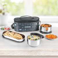 Borosil Carry Fresh Stainless Steel Lunchbox | 3Pc Set (280Ml X 2 + 475Ml X 1 Chapati Dabba) | Tiffin For Office, School & College With Food Grade Steel | Leakproof & Dishwasher Safe | 1 Year Warranty