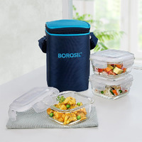 Borosil Alfa Glass Lunch Box Blue, Set Of 3, 320 Ml, Square, Microwave Safe Office Tiffin