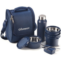 Oliveware Teso Pro Lunch Box With Cutlery, 3 Microwave Safe Inside Steel Containers With Bpa Free Lids(290Ml, 450Ml & 600Ml), Plastic Pickle Box(130Ml), Steel Water Bottle(750Ml) - Blue
