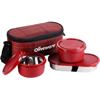 Sopl-Oliveware Hazel Lunch Box, Leak Proof & Microwave Safe, 3 Inner Steel Containers (450Ml, 450Ml, 550Ml), Insulated Fabric Bag, Full Meal & Easy To Carry (Red)