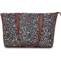Zouk Flomotif Floral Printed Jute Handcrafted Vegan Leather Women's Black Structured Tote Bag Contemporary