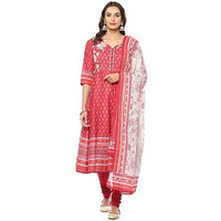 Biba Women Printed Fitted Salwar Kurta Dupatta(Skdassorted8618_Red_34)