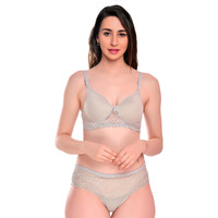Brumot Women Cotton Padded Non-Wired Full Cup T-Shirts Bra Panty Lingerie Set Pack Of 1 (Grey 32B)