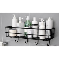 Greemito Bathroom Rack - Bathroom Shelves - Kitchen Storage  Multipurpose Rack Shampoo Holder With 4 Hook - Adhesive Shower Caddy Metal Shelf Without Drilling (Black)
