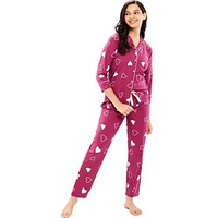Zeyo Women's Cotton Heart Printed Stylish Night Suit Set Of Shirt & Pyjama 5615 Purple