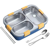 Prime Deals Lunch Box Sealed Leakage Proof Stainless Steel Lunch Box With Fork,Chopstick & Spoon Lid Office Food Container 3 Compartment For School Kids And Adults, 750Ml (3 Compartment, Blue)