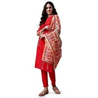 Ethnicjunction Women's Cotton Blend Striped Kurta Pant And Digital Print Dupatta (Red)