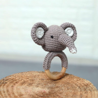 Sycamore East Wood Baby Rattle For Newborn, Crochet Bunny Rattle Toy Natural Wool, Music Shaker Rattle For Hand Grips, Boy Girl First Rattle Gift Eliphant