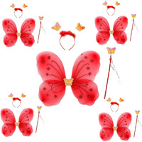 Kaku Fancy Dresses Red Butterfly Wings With Hairband And Wand Stick For Girls - Pack Of 5,Polyester