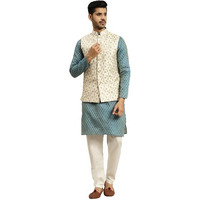 Sojanya (Since 1958 Men's Silk Blend Peacock Blue Self Design Kurta & Cream Nehrujacket With Off-White Churidar Pyjama, Size: 44