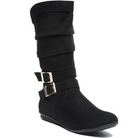 Bruno Manetti Women's Black Slipon Side Zipper Pu Belt With Buckle Round Toes Calf Length Comfort Boots