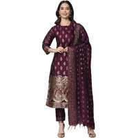 Vredevogel Women's Cotton Silk Jacquard Kurta Pant With Banarasi Silk Dupatta Set (Purple-Xxx-Large)