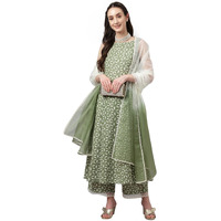 Fiorra Women's Ferm Green Lurex Cotton Flared Kurta With Palazzo And Dupatta