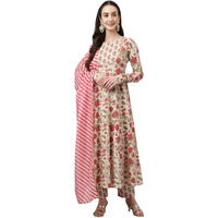 Fiorra Women's Beige Pure Cotton Flared Kurta With Pant And Dupatta Set0070-L