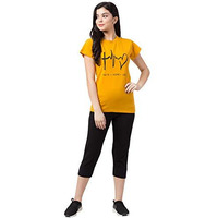 Funday Fashion Women's Cotton Blend Printed Nightwear Set Pack Of 1 (Sys-8006-08_Yellow_Medium, Capri)
