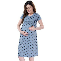 Av2 Women's Cotton Printed Maternity Feeding Midi Nighty (Grey, Large)